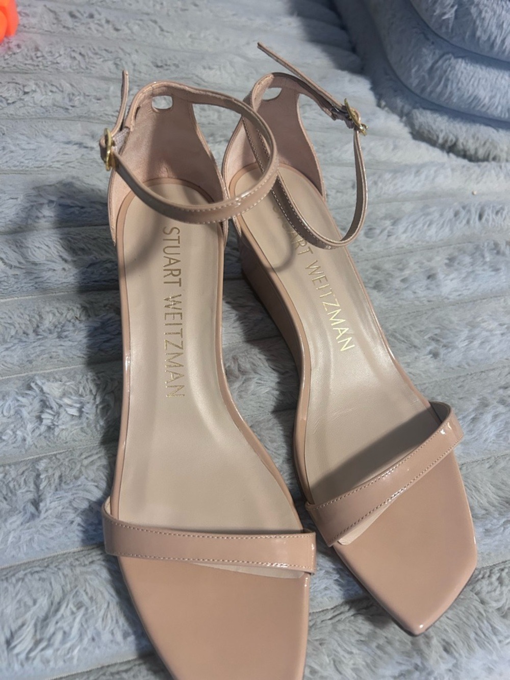 Stuart Weitzman Nude Patent Ankle-Strap Heels